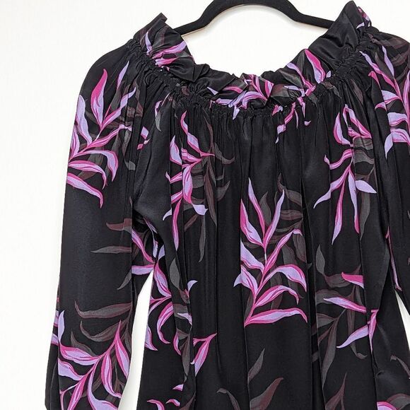 Tucker NYC Off the Shoulder Long Top Black Coconut Palms Crepe de Chine Silk Top - Picture 2 of 8